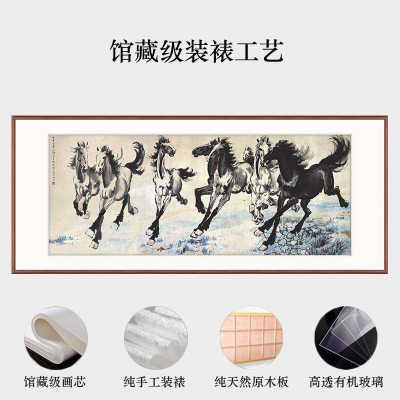 徐悲鸿八骏图客厅挂画办公室名家字画马到成功招财大气实木装饰画