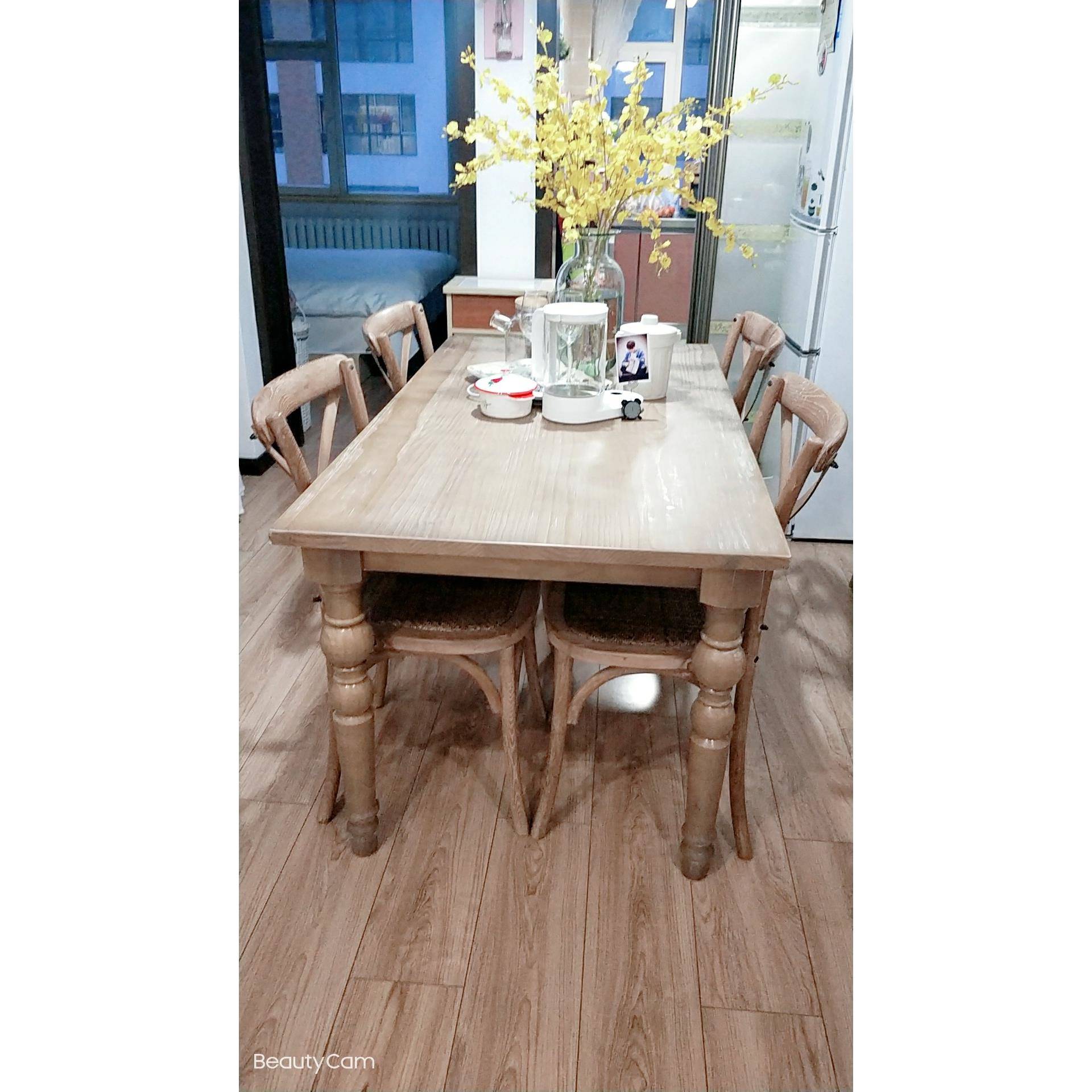 欧654美简式桌餐组合实木桌子复古做式旧拉丝松木餐桌法式餐厅长