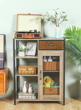 亚马逊铁带木结合多层抽屉柜门储物橱柜餐厅3CCWG-BK厨房置物架网