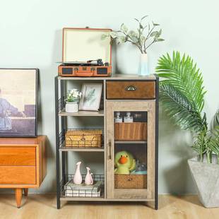 亚马逊铁带木结合多层抽屉柜门储物橱柜餐厅3CCWG BK厨房置物架网