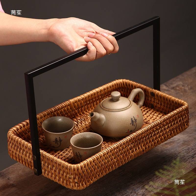 越南藤编点心盒提篮手工编织水果篮茶具收纳盒铁艺干果盘复古食盒