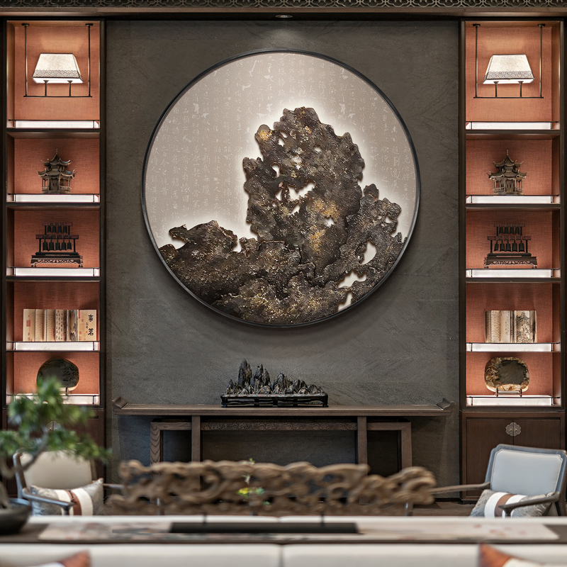 新中式入户玄关圆形装饰画太湖清秋浮雕肌理实物挂画别墅饭厅壁画图片