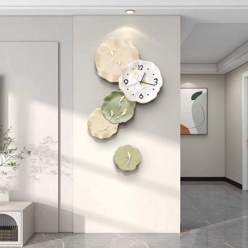 九鱼图客厅装饰画钟表挂钟餐厅沙发电视机背景墙挂画玄关墙上壁画