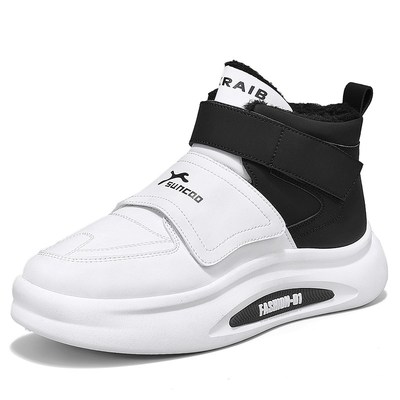 冬天无鞋带雪地靴加绒保暖运动休闲棉鞋男款白色高帮板鞋学生冬鞋