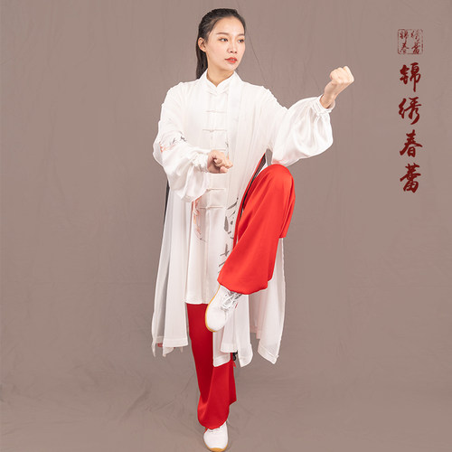 马蕾新款太e极服男女武术练功表演服秋长款彩绘表演服好运锦鲤定