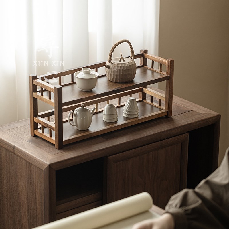 寻心胡桃木茶具收纳架实木博古架茶壶茶杯架子双层桌面茶台置物架