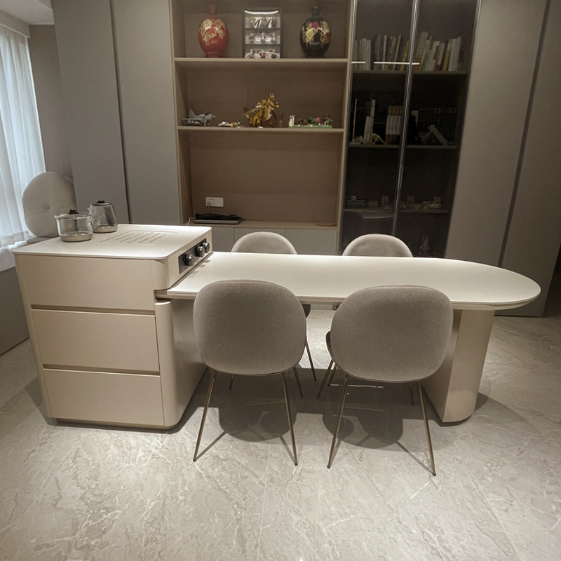 法式奶油风伸缩岛台茶桌餐桌一体小户型家用岩板办公茶台书桌两用