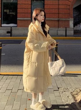 奶fufu韩版女长款长过v膝宽松加厚奶黄色可拆卸帽反季冬装