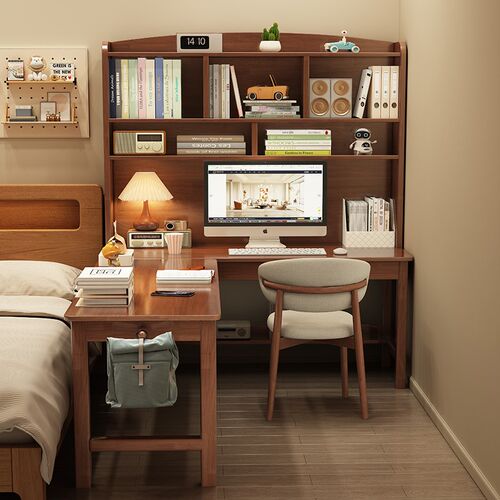 实木转角书桌书架l一体桌卧室L型半包围电脑桌书柜组合写字学习桌