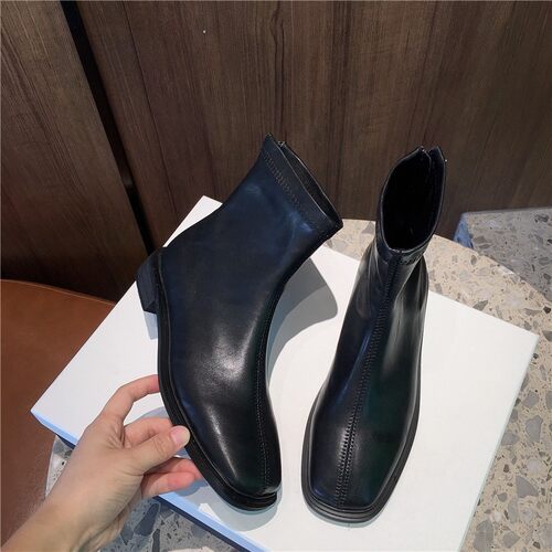 粗跟短靴女英伦风瘦瘦靴百搭2021新F款冬季软皮女靴网红低跟马丁