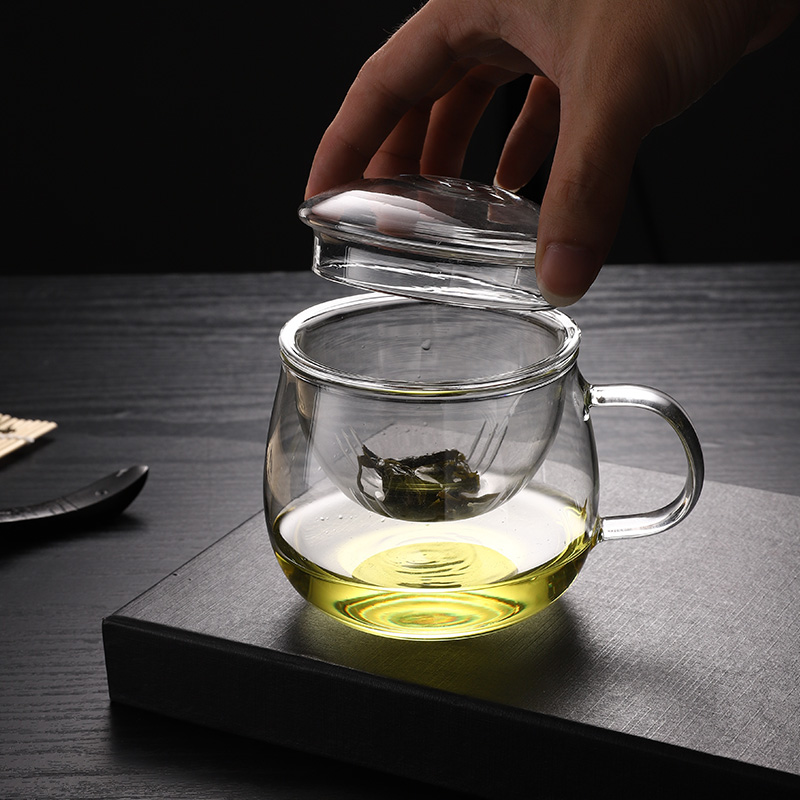 玻璃杯茶杯带盖带把茶水分离过滤泡茶杯网红男女透明花茶杯水杯子