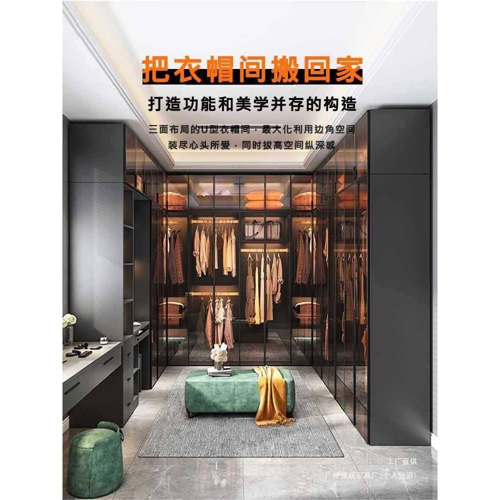 实木衣柜卧室家衣用玻璃门L型现代奢角帽间收轻纳转柜子0-001组合衣橱