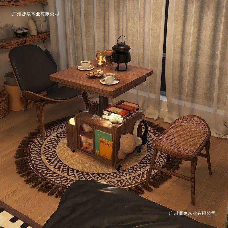客实木多小功能移动推未知车茶几茶桌降厅折叠茶台餐桌沙发两用升