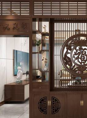 新中隔式实木屏风断柜客厅入玄关柜遮挡装饰QXE拱门一体户古架博