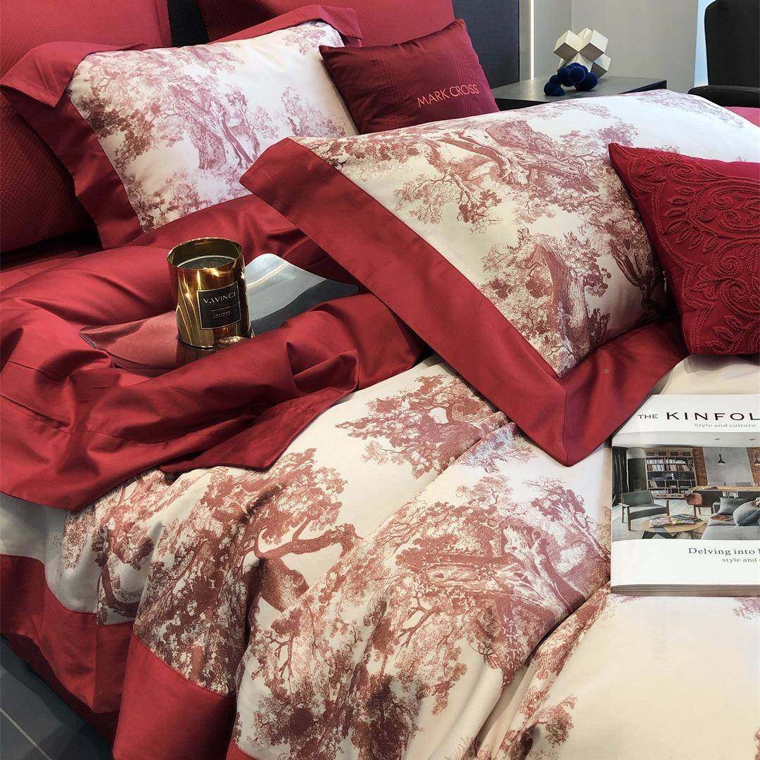 现婚代风婚庆红纯棉长绒20220004棉四件高端床垫结喜大庆床上用品