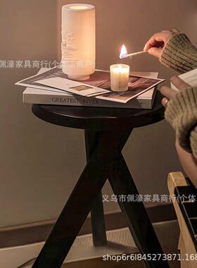 黑色木小茶边几沙发圆桌实子床头柜中复古风阳式咨询客服极简矮法