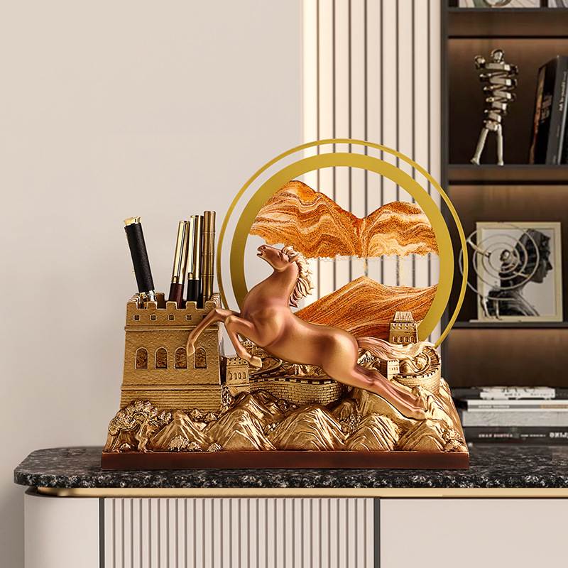 新中式马到成功创意笔筒流沙画摆件客厅轻奢高档办公室装饰品礼物