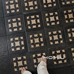 中古风黑色做旧花砖化妆室厨房阳台地砖防滑瓷砖民宿别墅商业工装