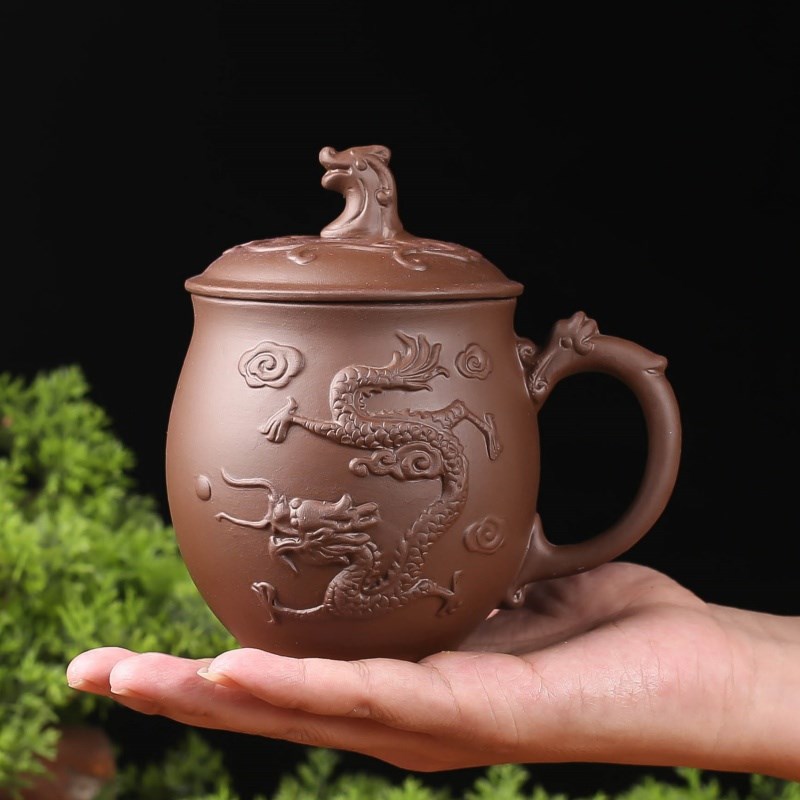 泡茶杯单个主人办公家用紫砂陶瓷喝茶过滤男杯子带V把带盖水杯茶