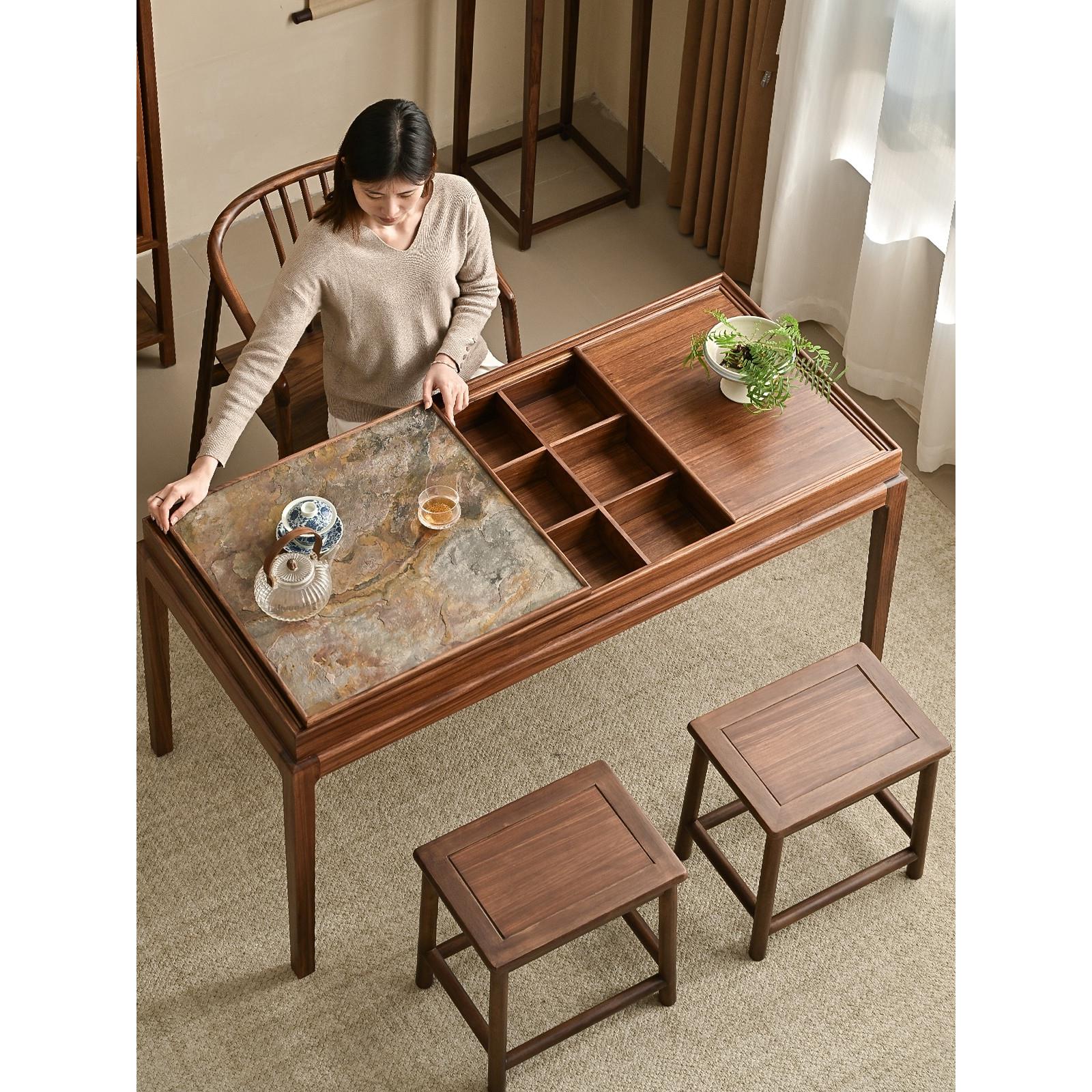 纯实木简约家用客厅茶桌椅组合新中式新款高端乌金木黑胡桃木