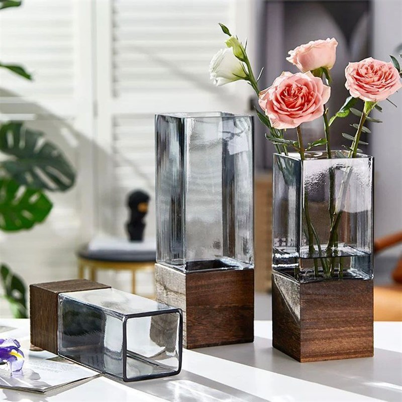 新中式方型木g座玻璃直筒花瓶水养鲜花干花马醉木插花器摆件客厅