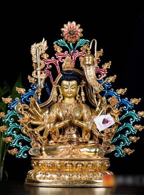 现代铜像摆件 尼泊尔13寸手工铜全鎏金雕花双层莲座准提佛