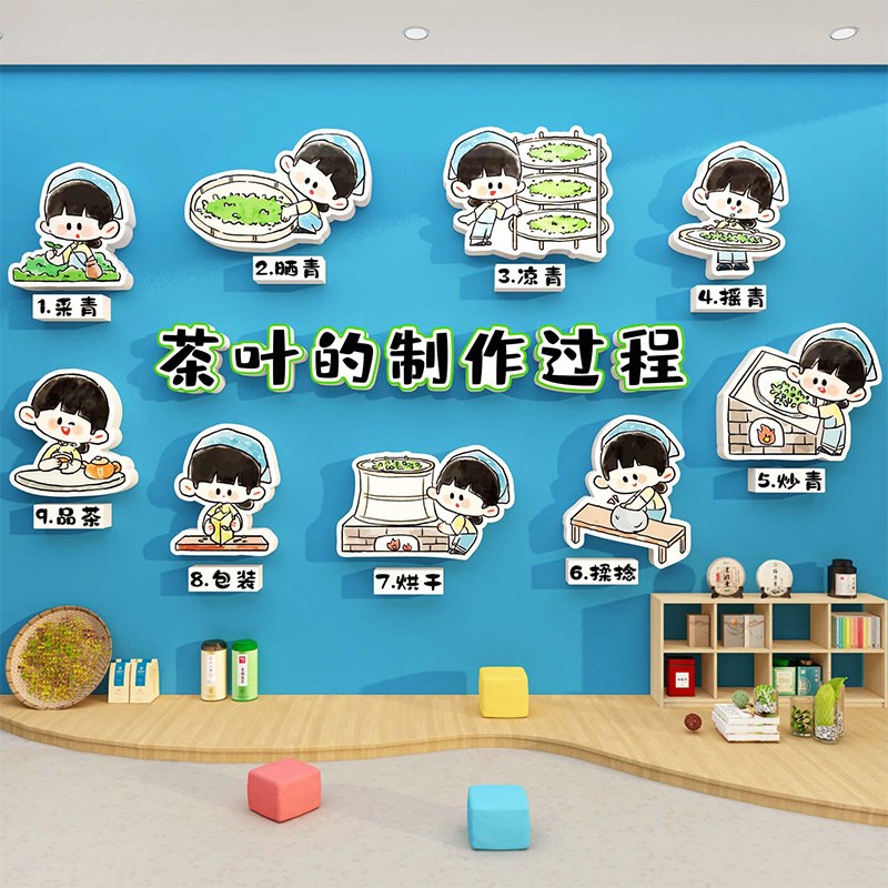 幼儿园茶艺馆区角环创泡茶流程图喝的好处茶道文化布置墙装饰贴纸