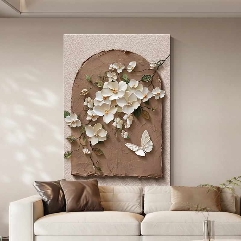 侘寂风客厅装饰画浮雕立体高级感沙发背景墙壁画抽象花卉玄关挂画图片