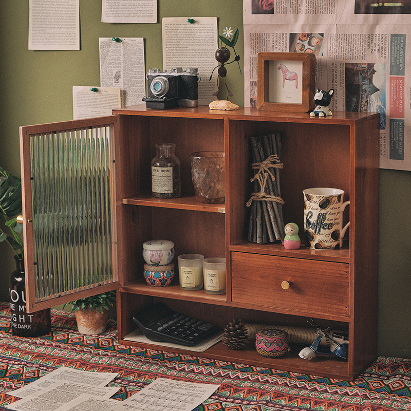 桌上杯子茶具收纳置物架桌面化妆品收纳盒木质储物柜分层架子防尘