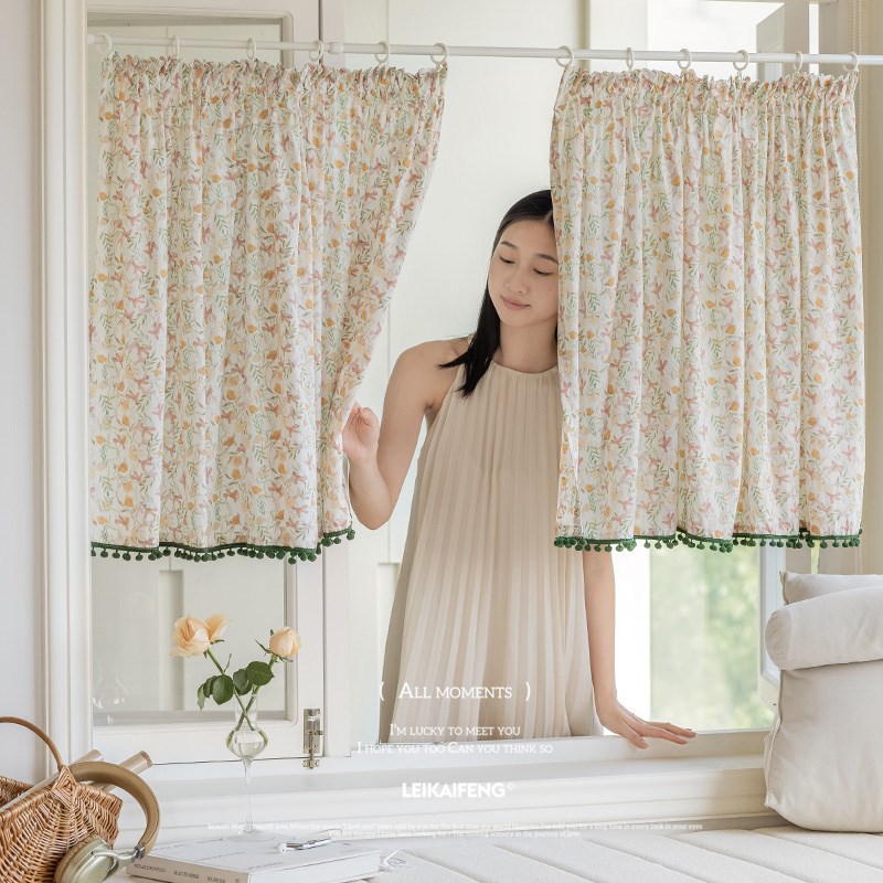韩国纱短帘田园半遮光隔断门帘双面印花碎花法式浪漫挂钩厨房半帘