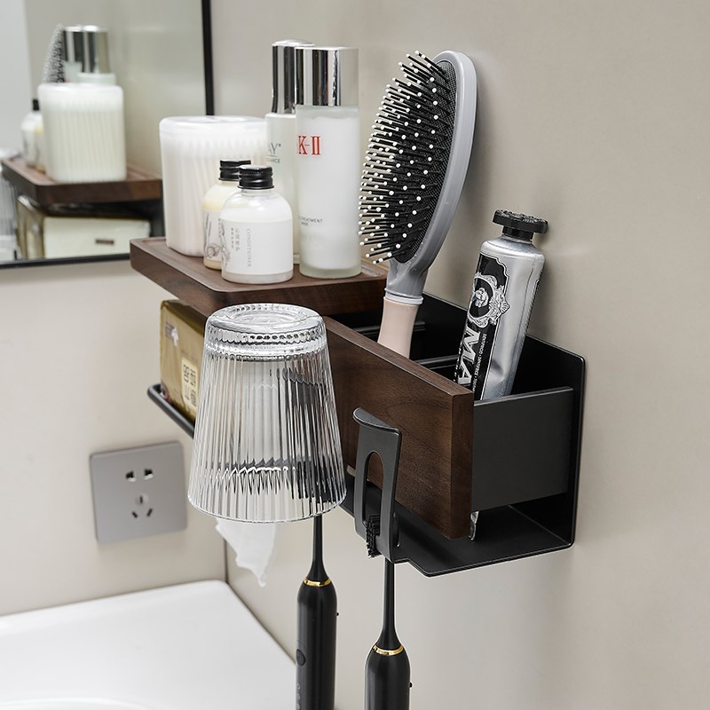 胡桃木牙刷置物架免打孔浴室卫生间洗漱台实木洗脸纸巾漱口杯架子