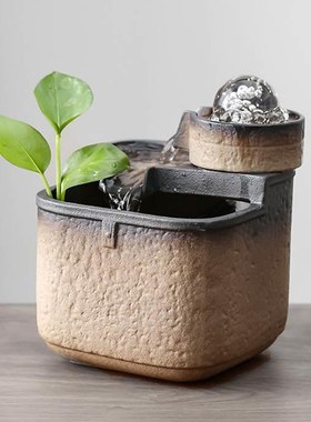 小型方池桌面陶瓷流水摆件招财喷泉现代茶桌茶台循环转运球水景