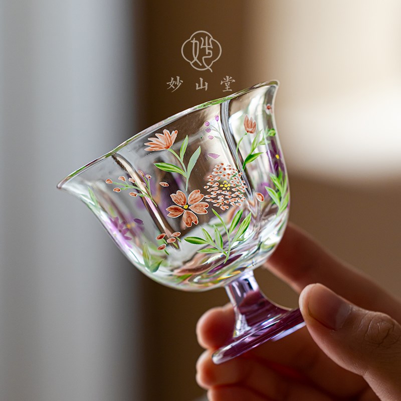 玻璃茶杯手绘花口高足单杯主人杯女士个人品茗杯小碎花