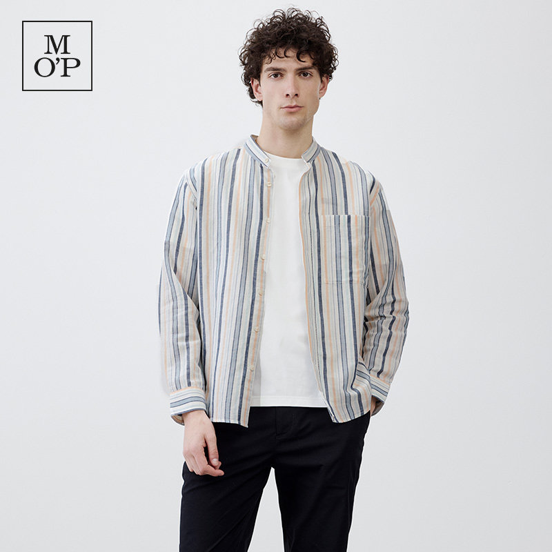 Marc O'Polo/MOP 夏季新款气质立领暗竖条纹亚麻休闲长袖衬衫男士