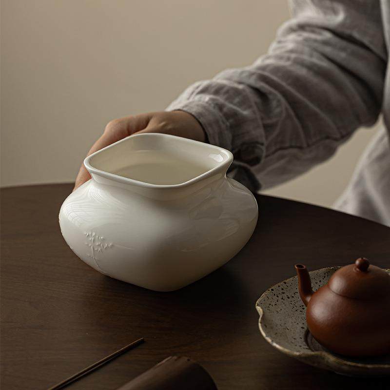白四盂方浮雕文建水陶瓷竹水家用茶渣瓷缸茶洗大号杯洗RRF茶道零