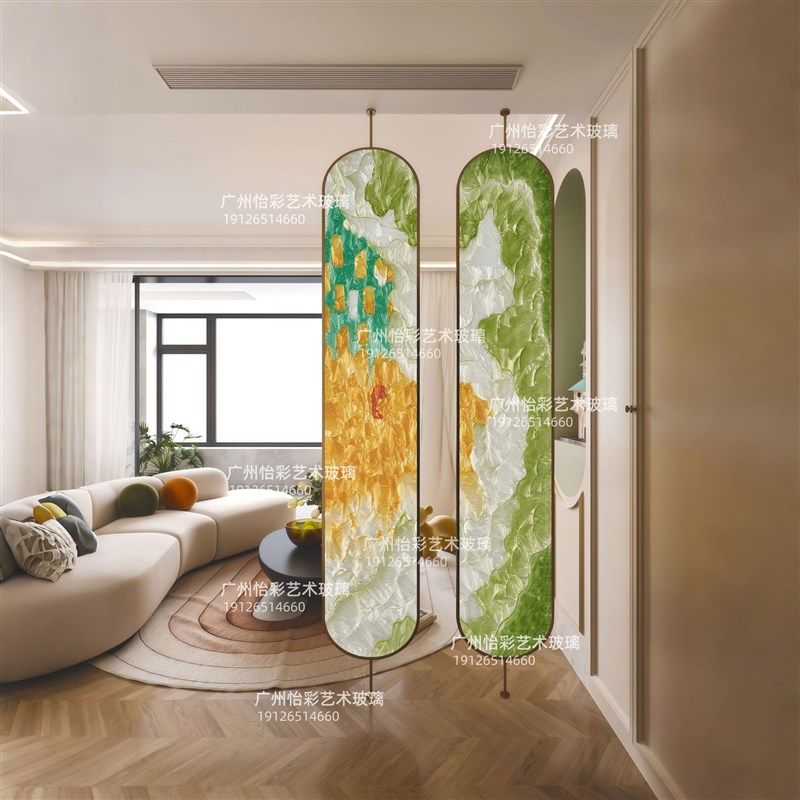 棒棒糖手绘d掐丝珐琅彩屏风隔断客厅轻奢入户玄关顶天立地艺术玻