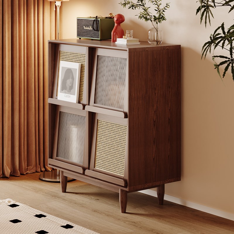 实木书柜收纳e柜储物柜一体日式藤编杂志柜玻璃置物带柜门学生家