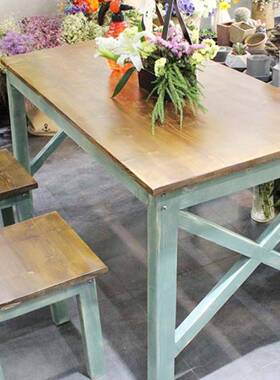 美式桌复古形实桌木桌椅组合长作方做旧阳台花店桌子t9834工台快