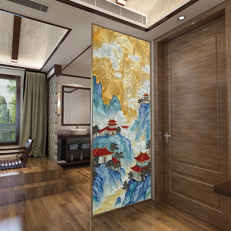 手工掐丝珐琅彩客l厅艺术玻璃屏风隔断别墅高级感装饰入户玄关背