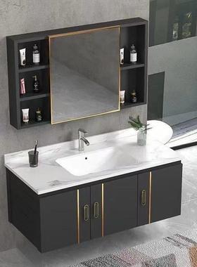 白色岩板浴室柜组合米挂墙式一体陶瓷洗手盆柜厕所洗漱智能镜柜