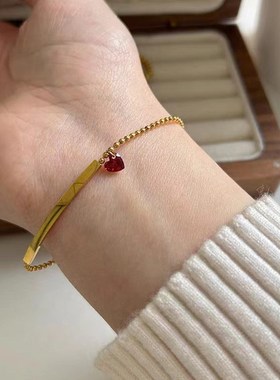 高级感红色爱心锆石微笑钛钢x手链女时尚百搭潮气质闺蜜手饰不掉