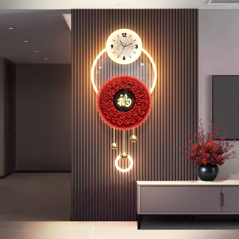 实物中国结钟表装饰画立体格栅背景墙壁灯挂钟画发光高级感时钟画