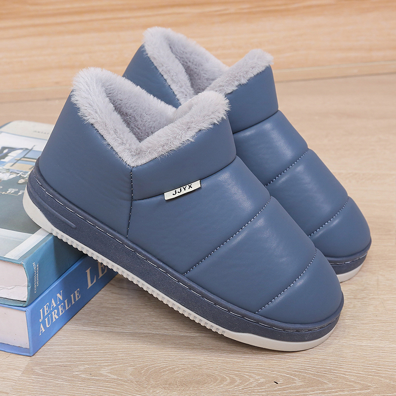 防水防滑皮面棉拖鞋包跟男款女士厚底室内家居鞋大尺码保暖棉鞋冬