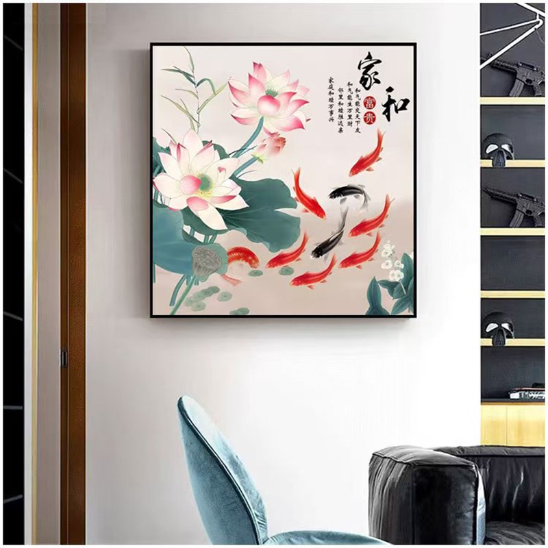 玄关装饰画正方形九鱼图客厅挂画简约现代新中式高级感餐厅壁画图片