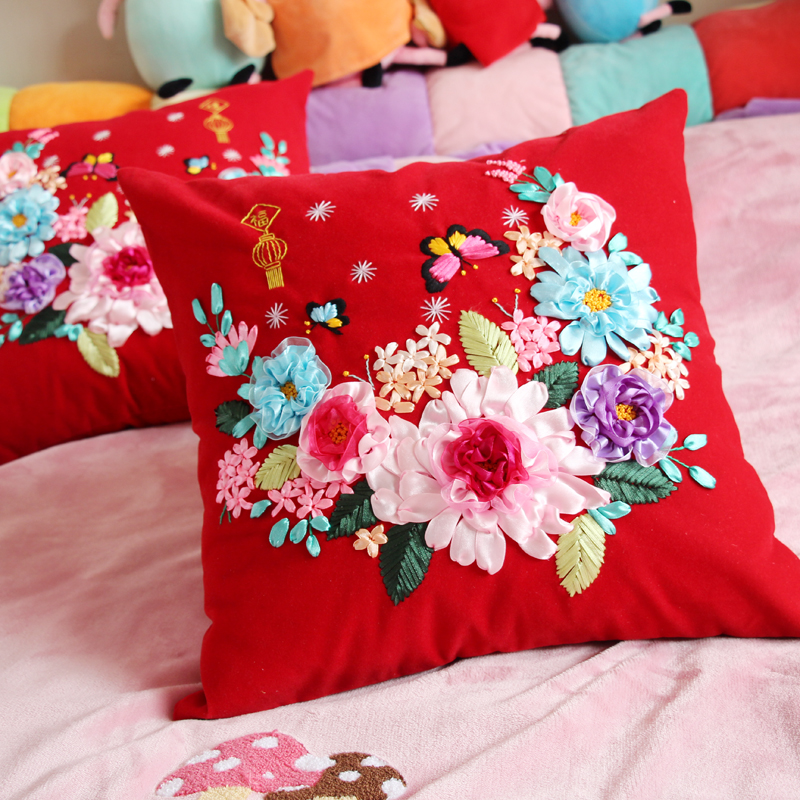 丝带绣结婚抱枕新款立体绣手工刺绣diy材料包自绣非成品一对靠垫