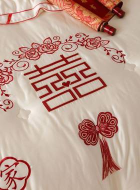 秋被字婚春豆庆大被保暖被芯纤喜维刺JL1031绣加厚冬被红色被芯陪