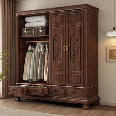 中式胡桃木实木木衣柜卧室储物柜子全实新黑对开门高端推拉G5040