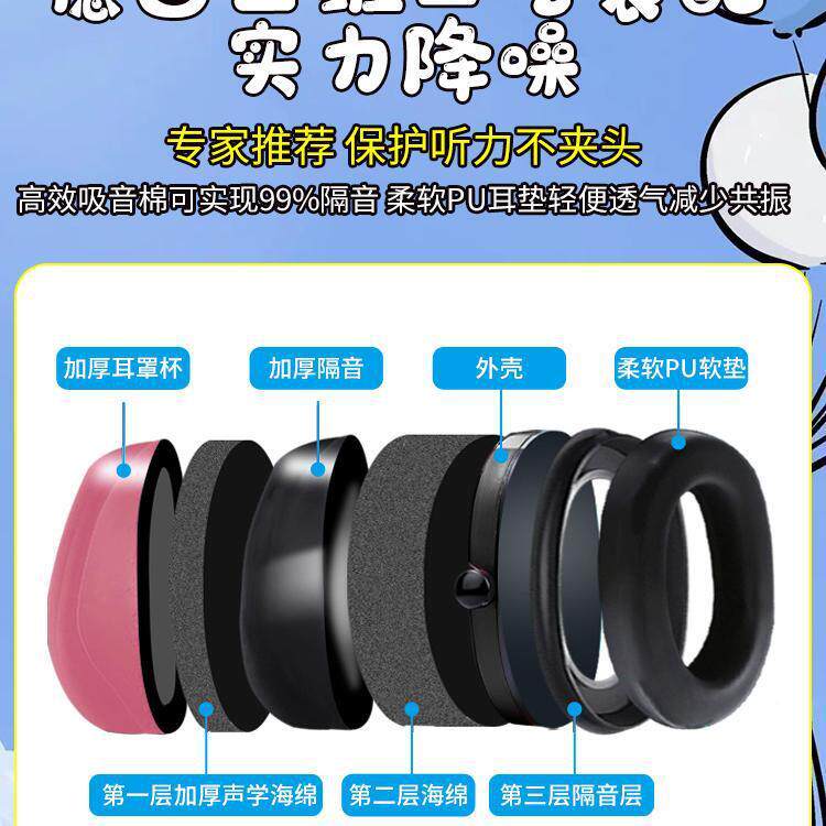 儿童坐机觉飞机降噪戴耳隔音耳罩婴儿减压头防噪音耳塞粉色多档睡