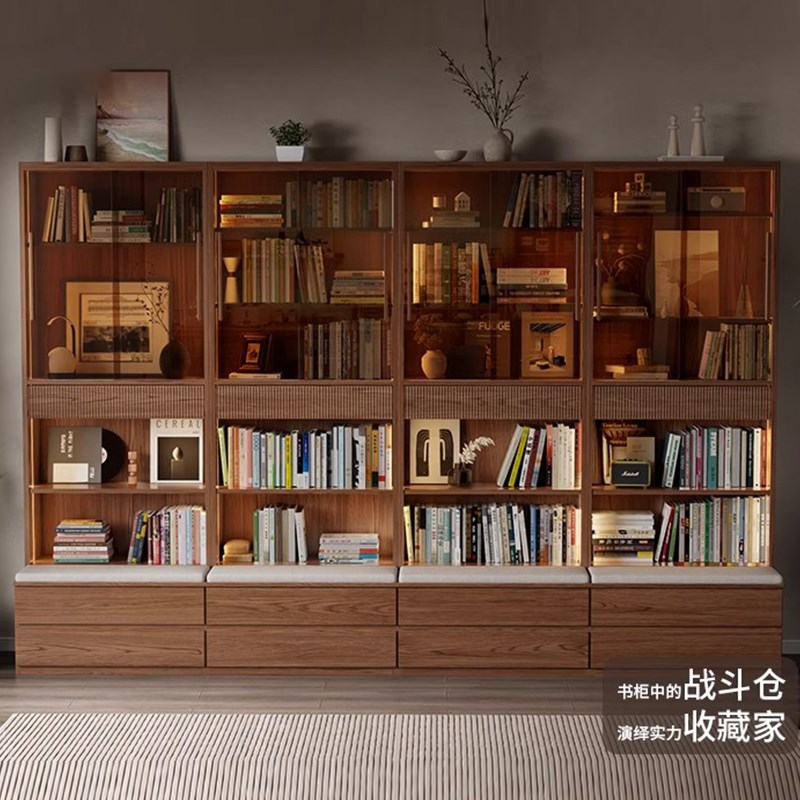 实木卡座b书柜一体整墙组合带玻璃门书架展示柜客厅靠墙书橱储物