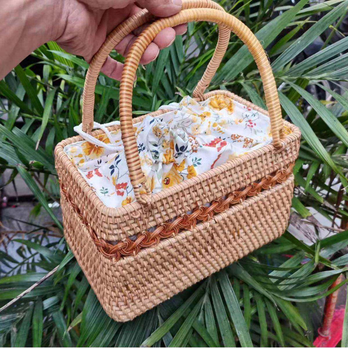 藤编多款收纳工手编织手提蓝包野手提篮餐篮茶具收纳蓝休闲沙滩包